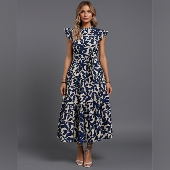 Blue Leaf Print Ruffle Trim Belted Dress - Picture 1 of 7
